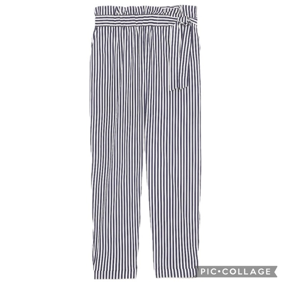 Zara Basic Navy & White Vertical Stripe High-Rise Paperbag Style Belted Pants - Picture 2 of 16